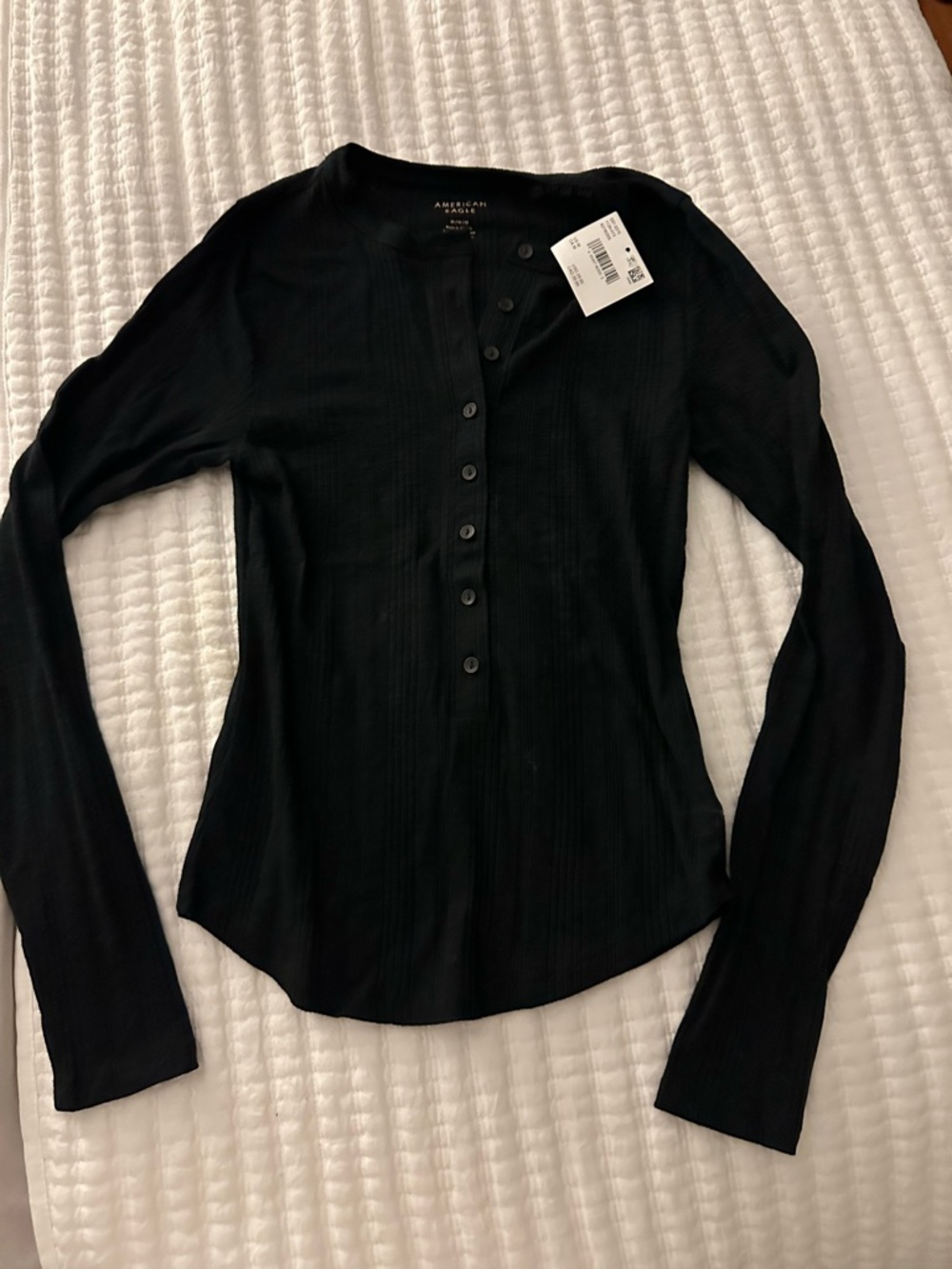 American Eagle Outfitters Black Ribbed Button-Up Long Sleeve Top